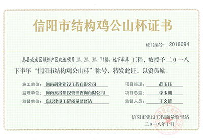 “息縣城南區域棚戶(hù)區改造項目1#、2#、3#、7#樓、地下車(chē)庫工程”被授予2018下半年“信陽(yáng)市結構雞公山杯”稱(chēng)號